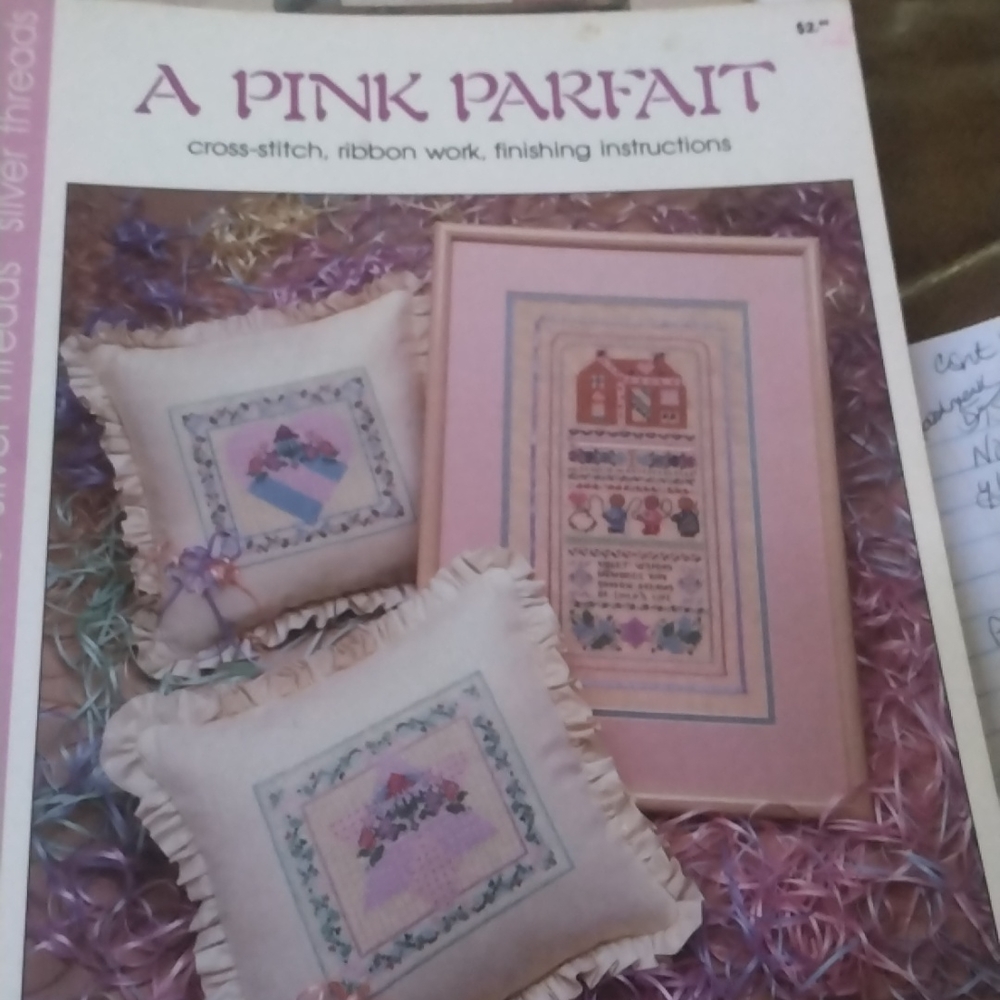 ( Patterns Only) A Pink Parfait cross Stitch, ribbon work, finishing instructio
